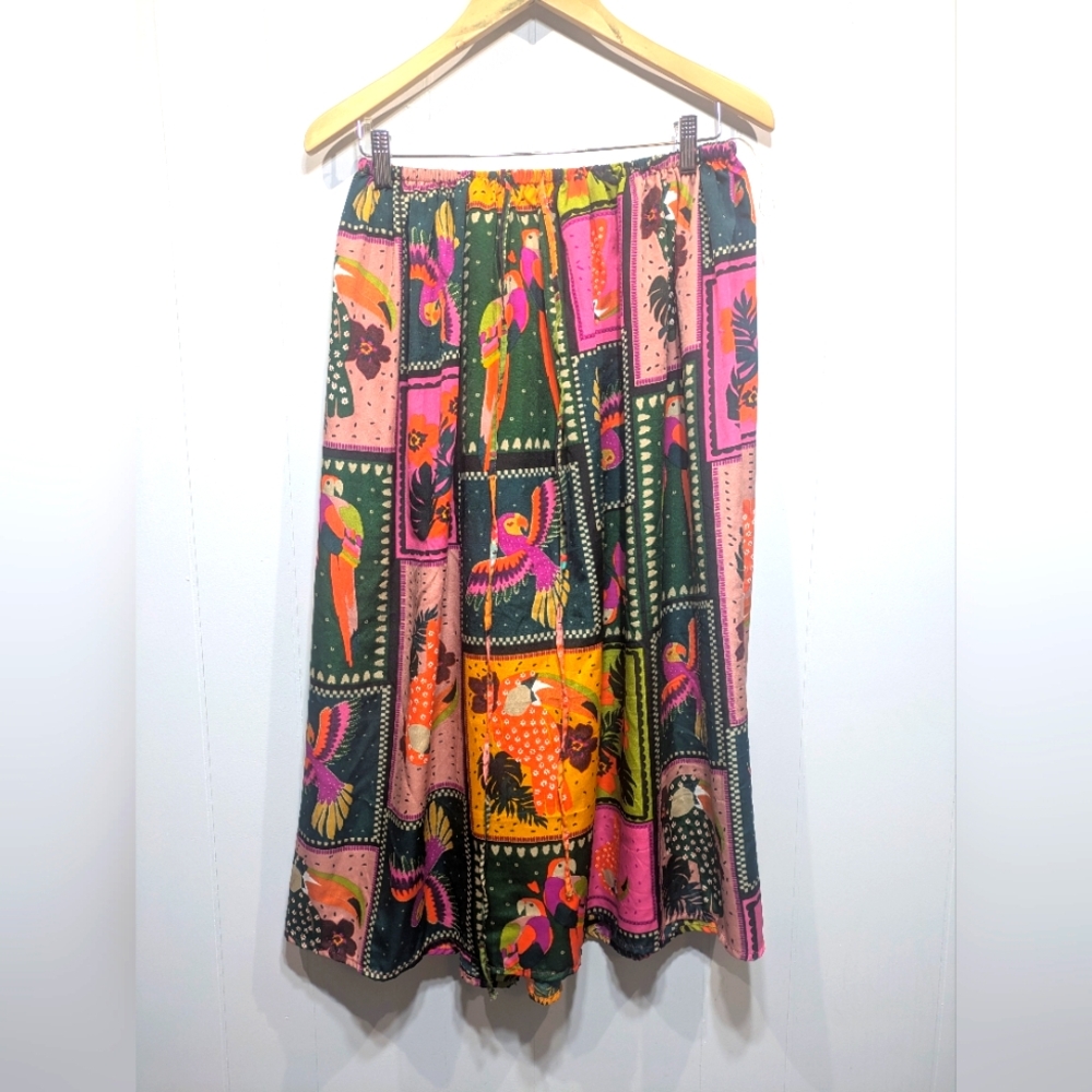 Tropical Maxi Skirt Floral Bird‎ Motif Size Small Flowy Lightweight